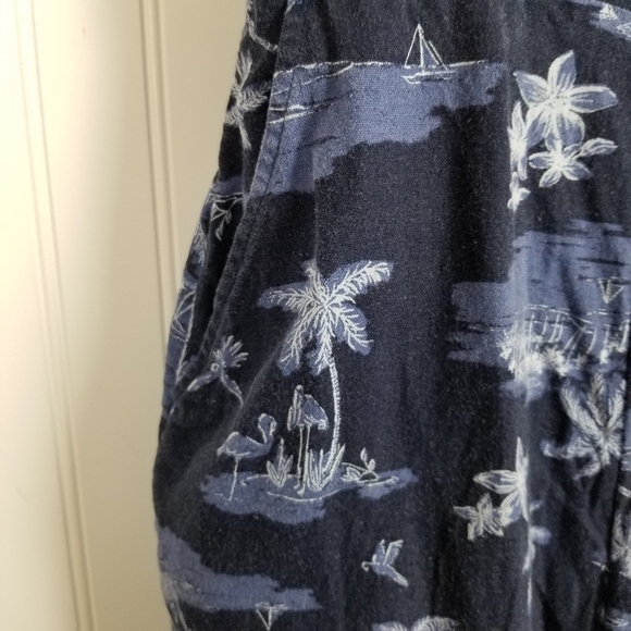 Romper Linen Smocked Wide Leg Cropped Pockets Blue Jumpsuit Scenic Print - Picture 9 of 13